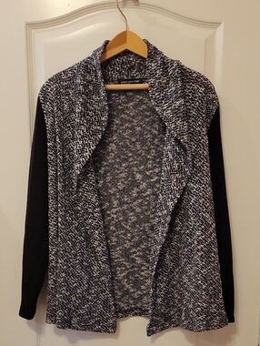 Jones New York Black & White Marled Open-Front Cardigan